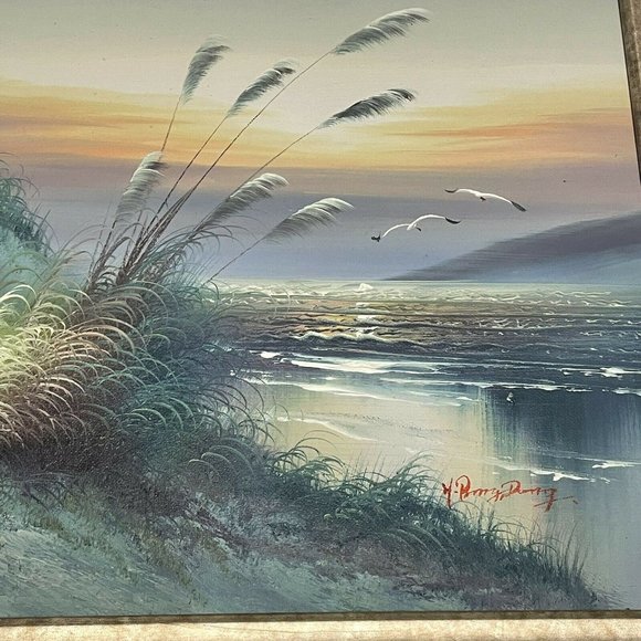Sunset Seascape Beach Painting  20x16” Signed  Wood Framed Lighthouse Birds - Picture 3 of 10